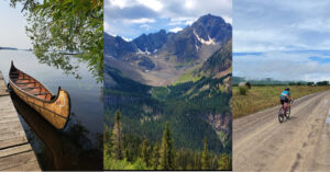 Canoe on a lake surrounded CO mountain scene, gravel biking in Arkansas.